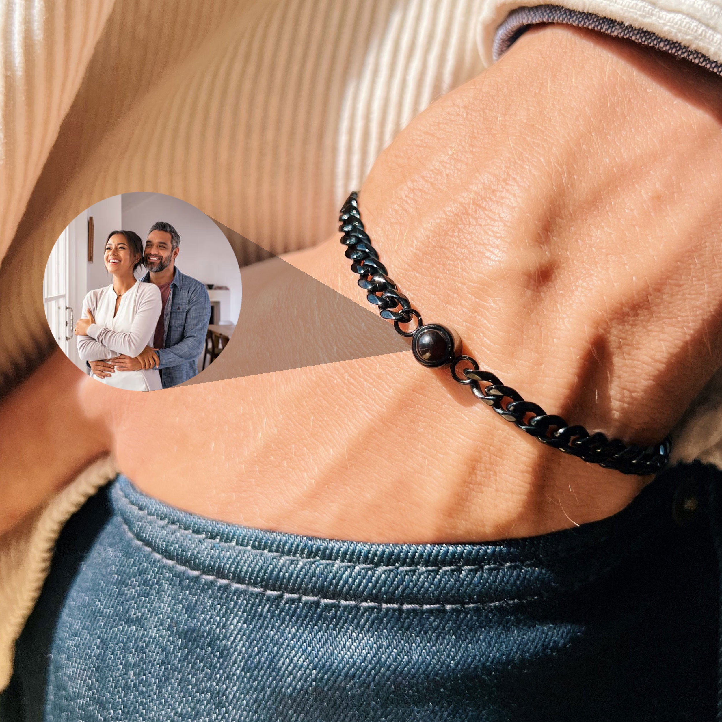 Gepersonaliseerde fotoprojectieherdenkingsarmband, armband met foto van echtpaar op maat voor hem