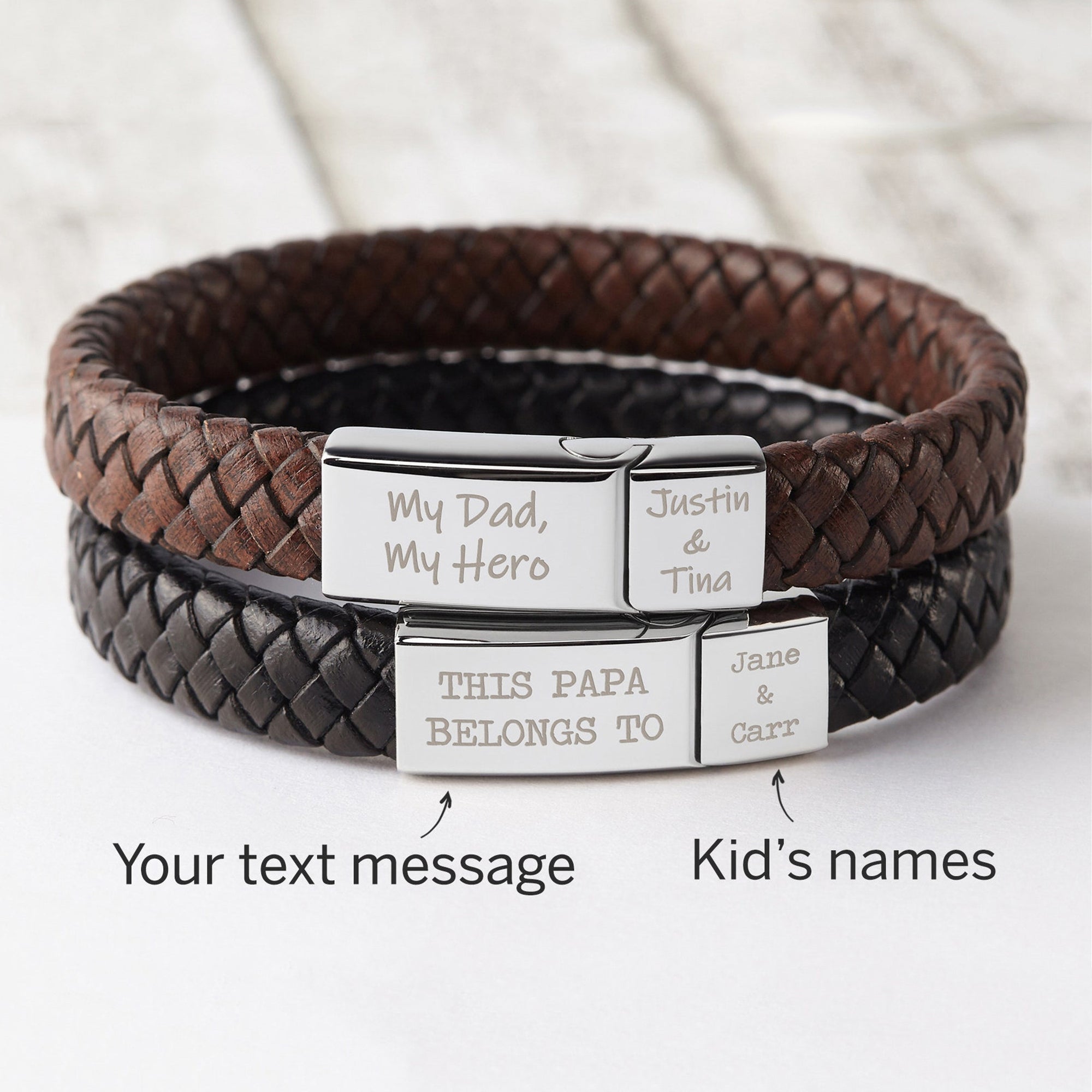 Personalised 1-6 Kids Name Leather Bracelet 925 Silver Beads for Men Dad  Black | eBay