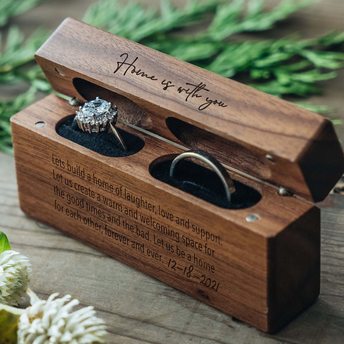 Aangepaste verlovingsring doos, gepersonaliseerde dubbele sleuf houten ring doos, gegraveerde ring drager ring doos