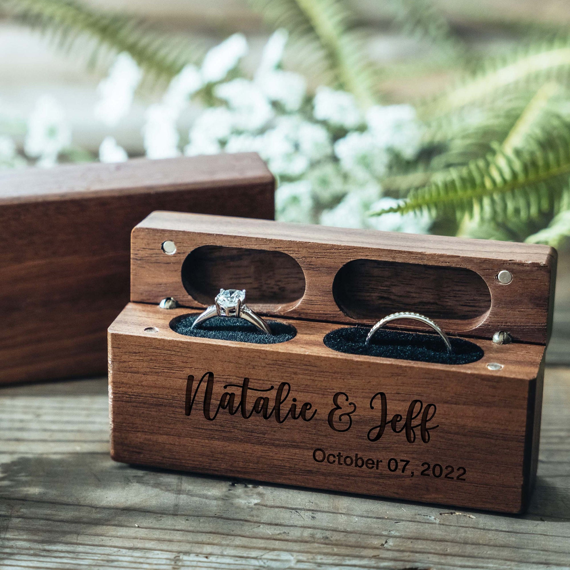 Custom Engagement Ring Box, Personalized Double Slot Wooden Ring Box, Engraved Ring Bearer Ring Box