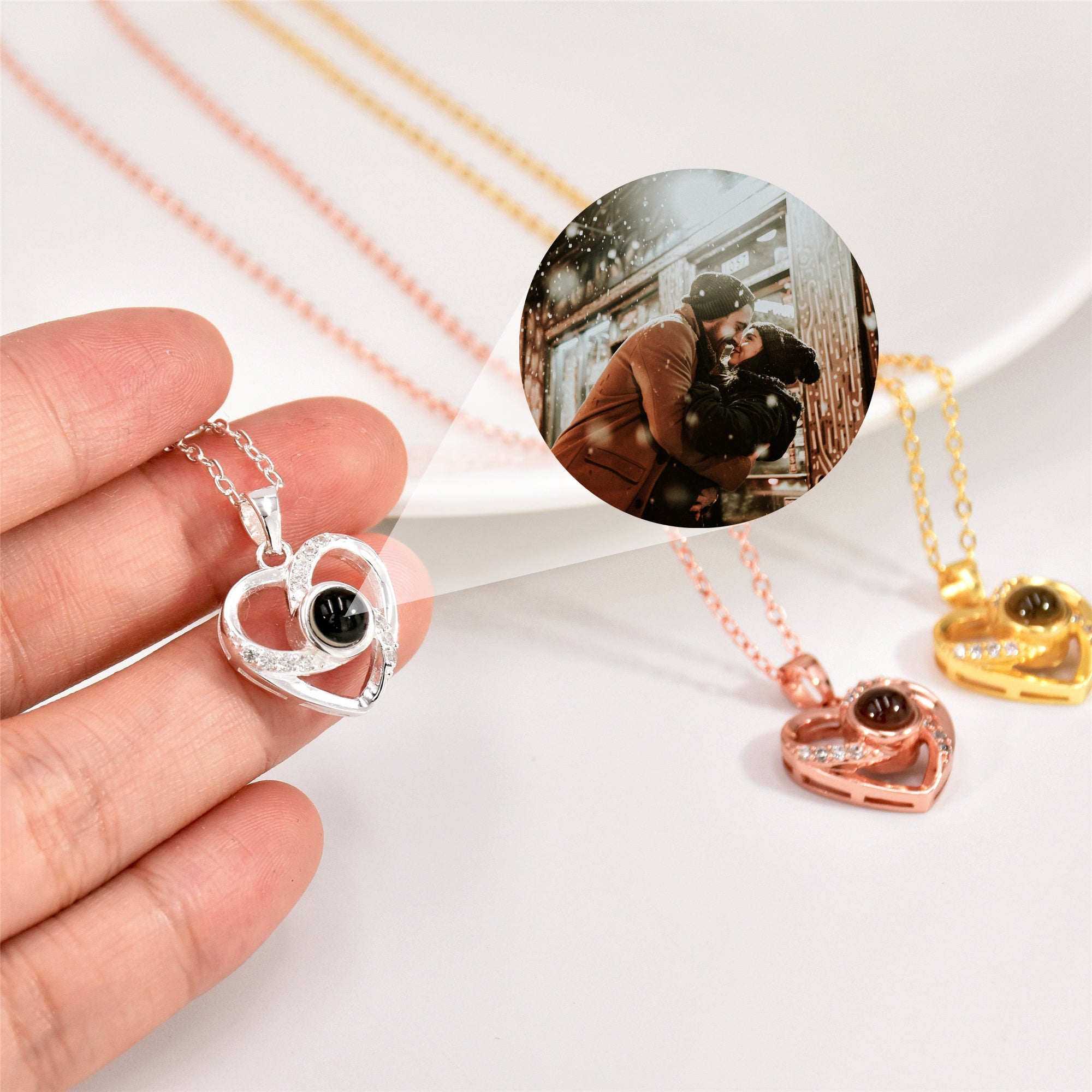 Personalized Projection Photo Necklace, Custom Memorial Picture Necklace For Couple