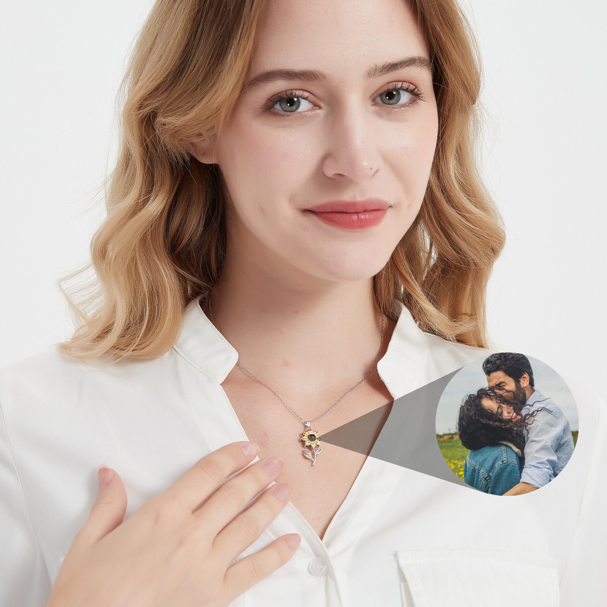 Collana personalizzata con proiezione di girasoli stereoscopici, gioielli fotografici personalizzati