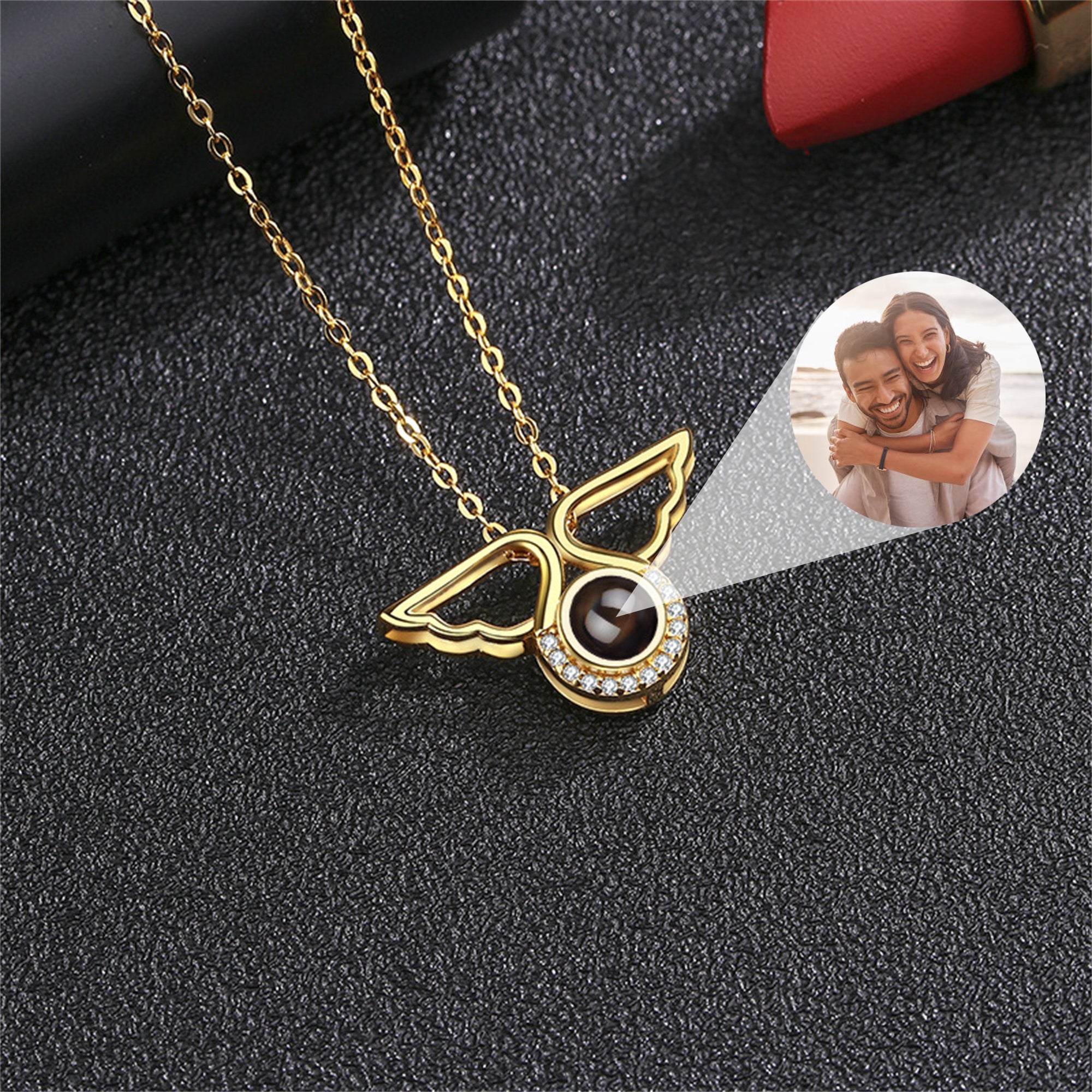 Personalized Angel Wing Projection Necklace, Customized Memorial Photo Pendant Jewelry