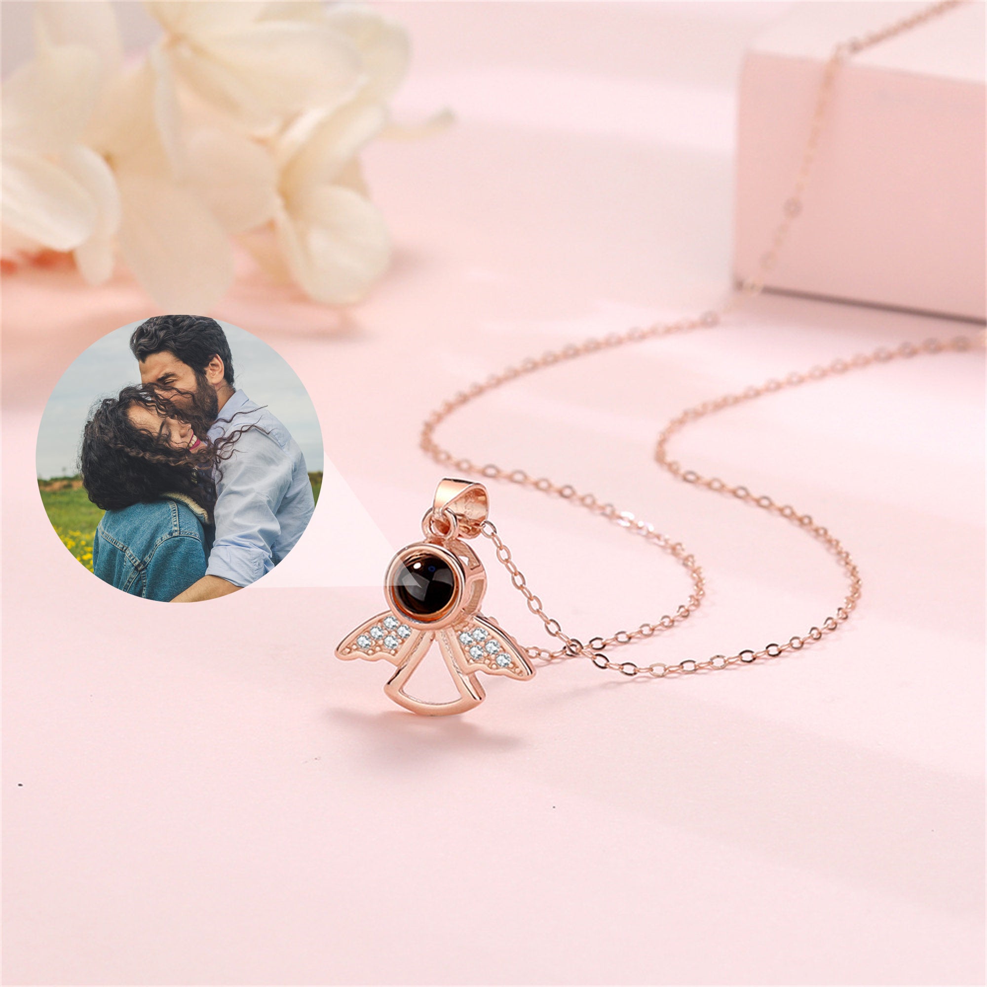 Personalized Angel Projection Picture Necklace, Custom Memorial Photo Pendant