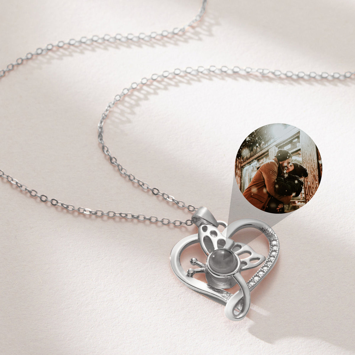Butterfly Heart Projection Necklace, Custom Memorial Photo Pendant