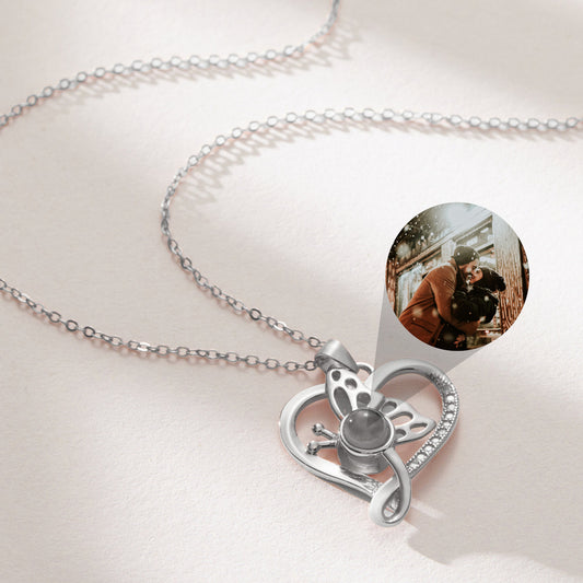 Butterfly Heart Projection Necklace, Custom Memorial Photo Pendant