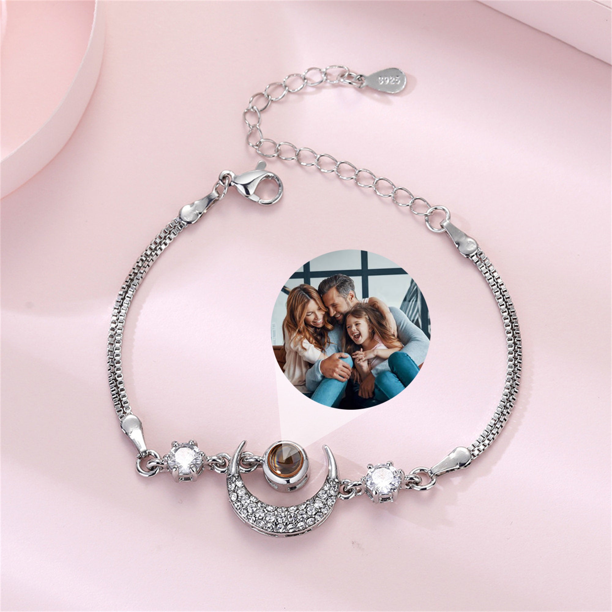 Personalized Moon Star Photo Projection Bracelet, Custom Memorial Picture Jewelry