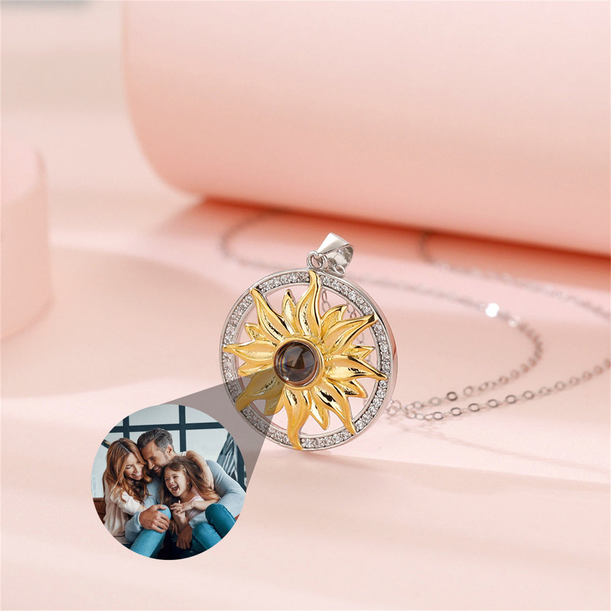 Personalized Sunflower Projection Necklace, Custom Memorial Picture Pendant