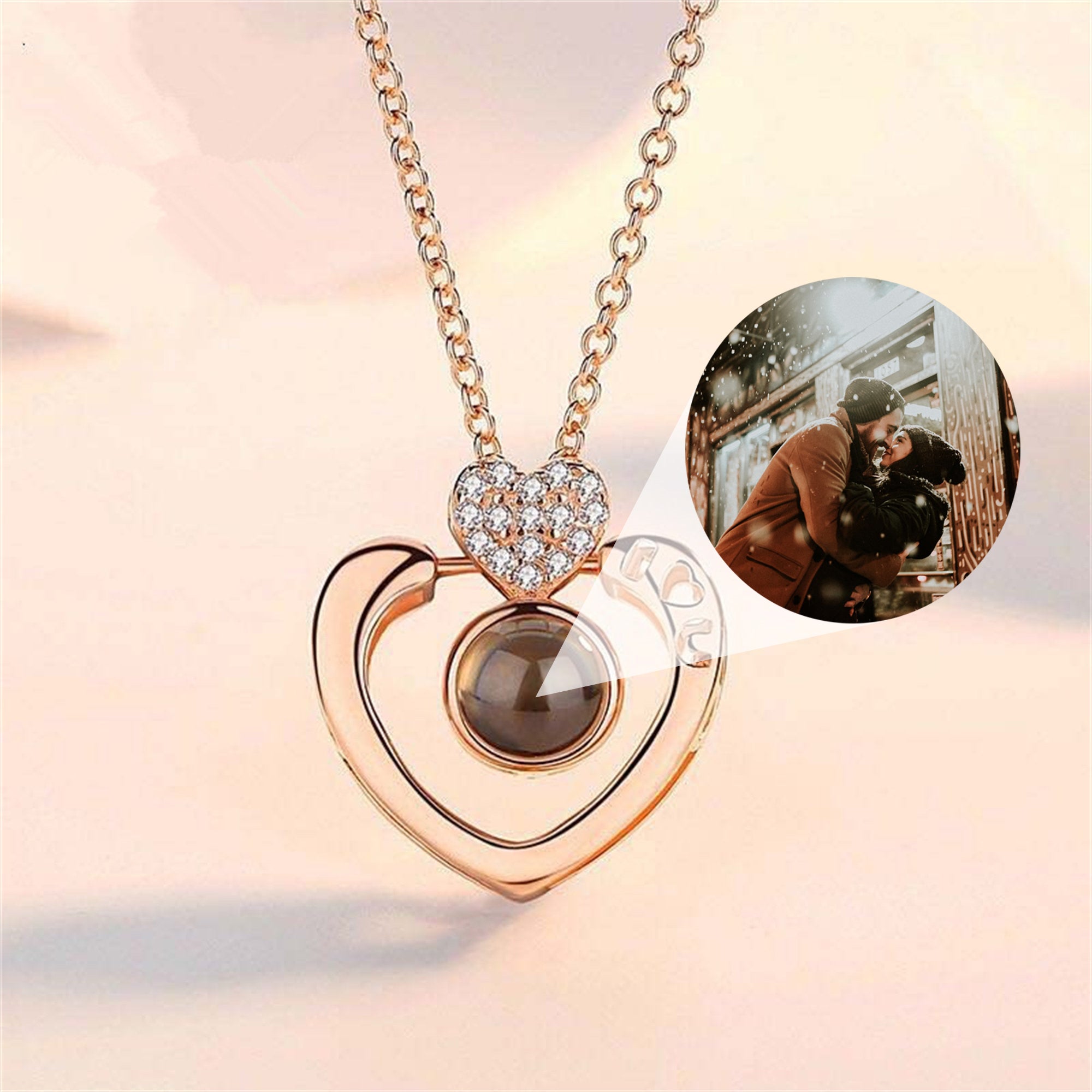 Custom hart foto projectie ketting, gepersonaliseerde gedenkplaatje sieraden
