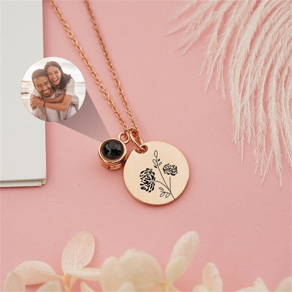 Personalized Photo Projection Necklace, Custom Birth Flower Projection Necklace