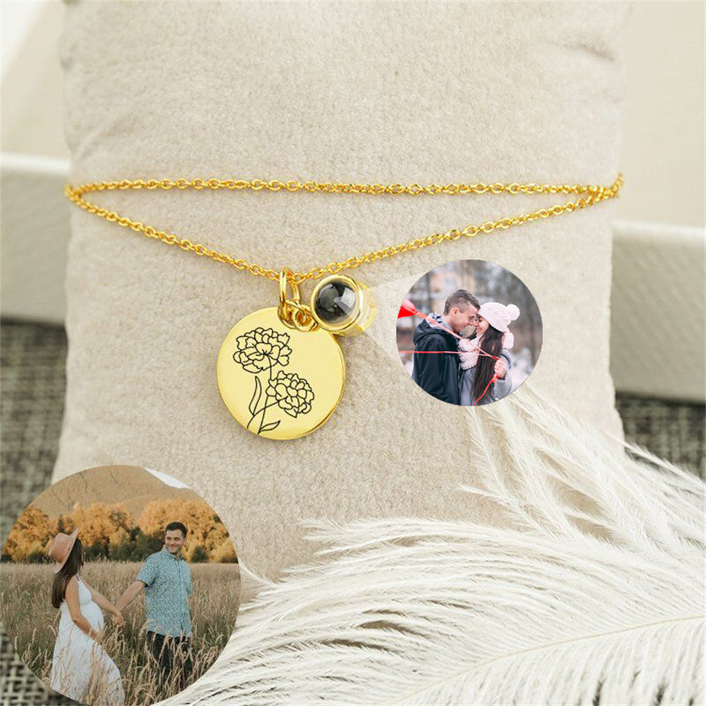 Personalized Photo Projection Necklace, Custom Birth Flower Projection Necklace