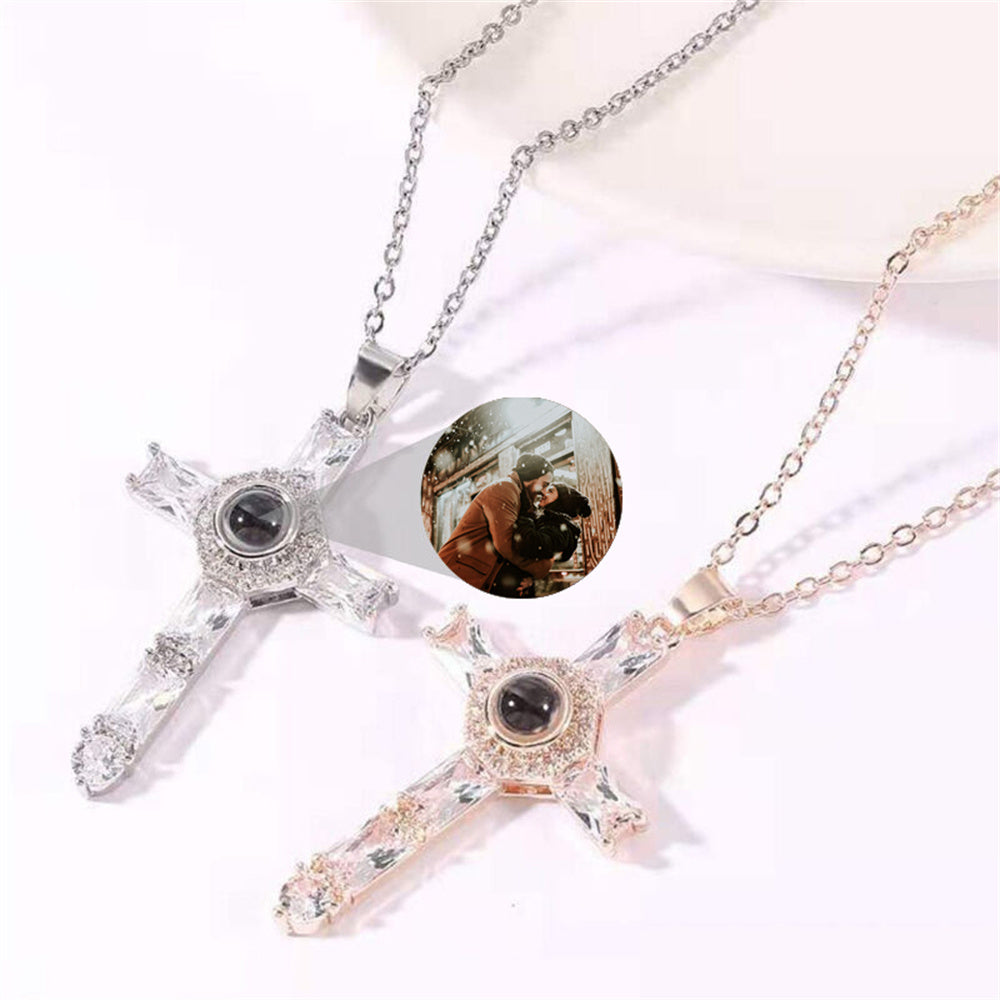 Personalized Projection Photo Necklace, Cross Crystal Pendant Necklace