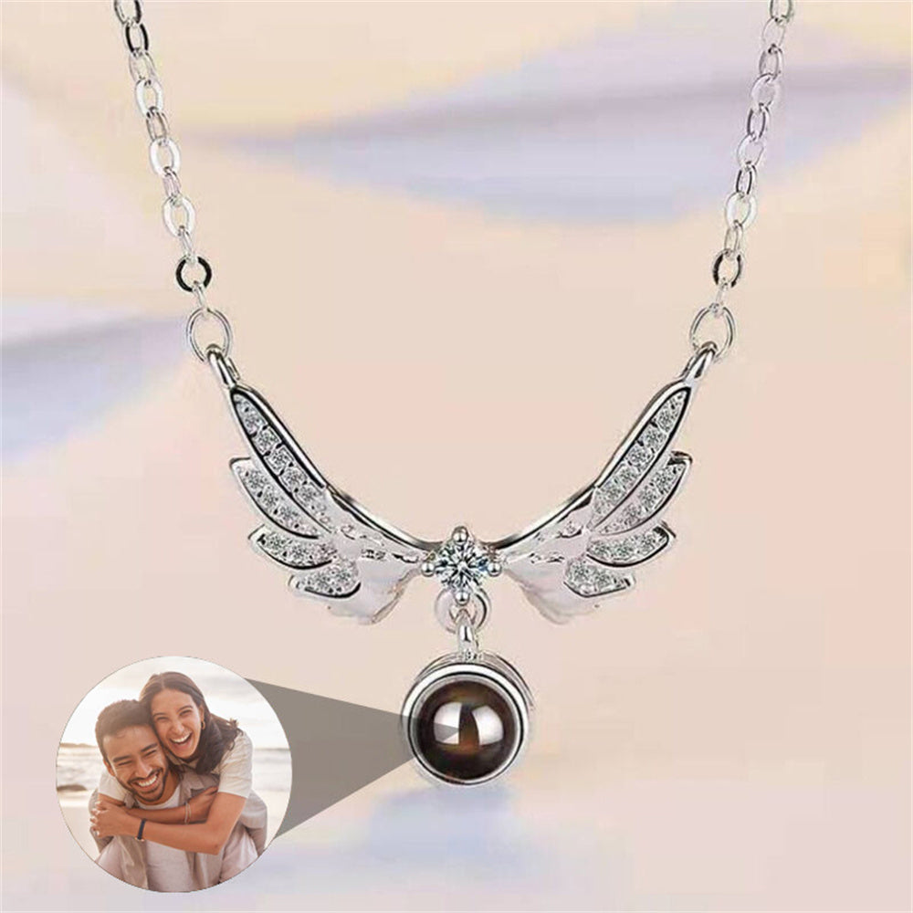 Custom Projection Picture Necklace, Angel wings Pendant Necklace