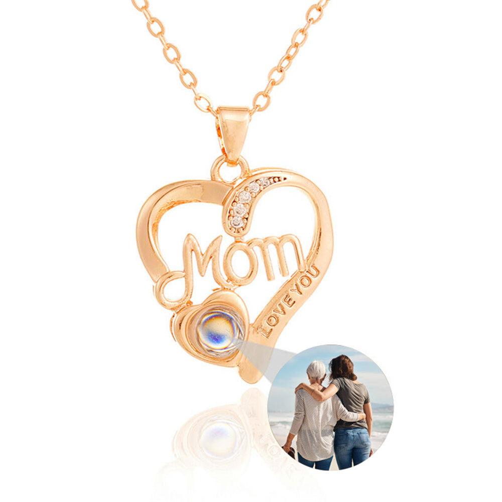 Personalized Mom Heart Photo Projection Necklace with "Love You"