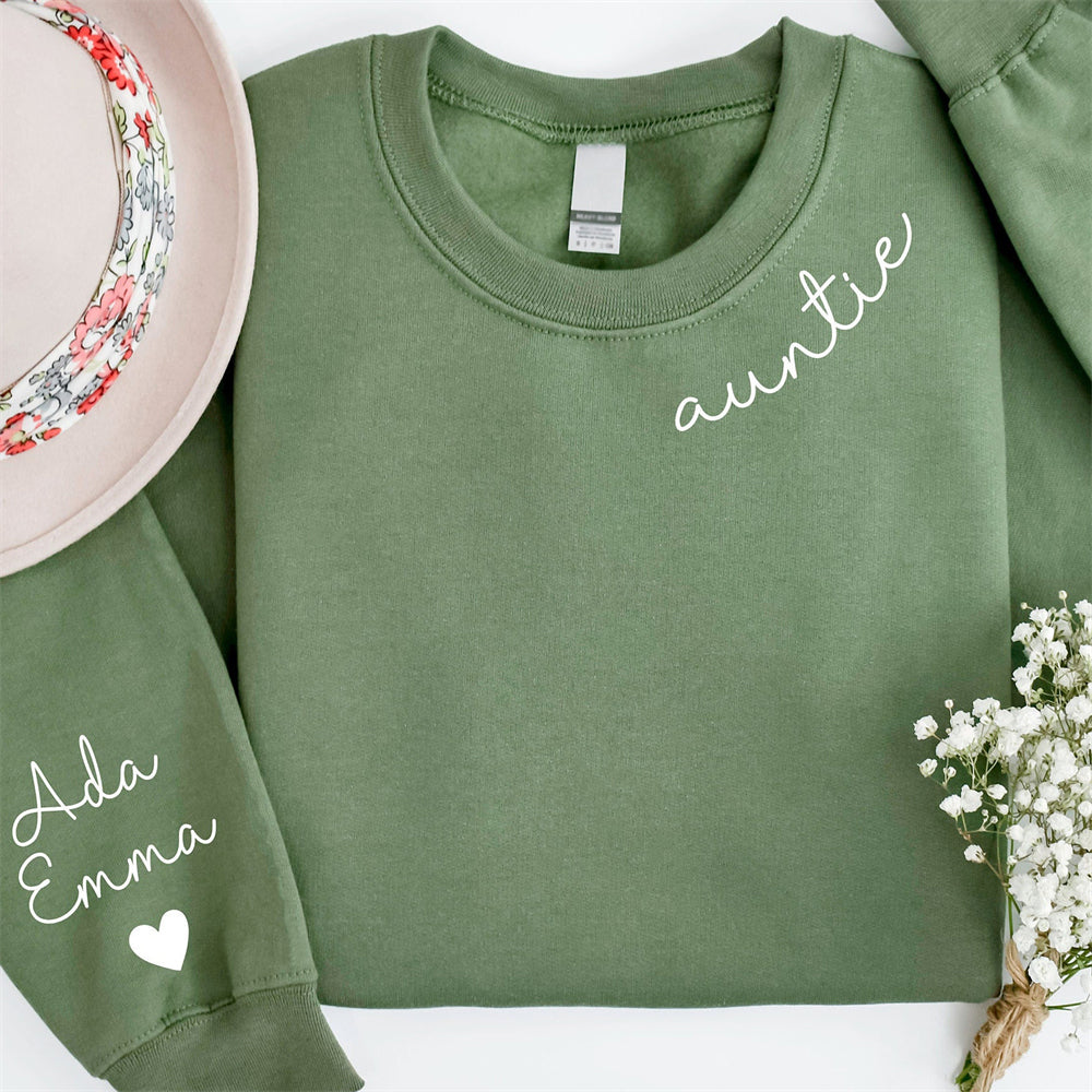 Custom Auntie Sweatshirt with Children Name on Sleeve, Personalized Gift for Aunt with Nephews Names