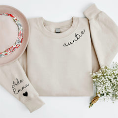 Custom Auntie Sweatshirt with Children Name on Sleeve, Personalized Gift for Aunt with Nephews Names