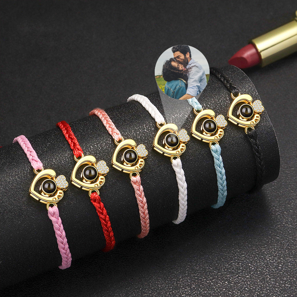 Personalized Heart Photo Projection Bracelet Braided Rope