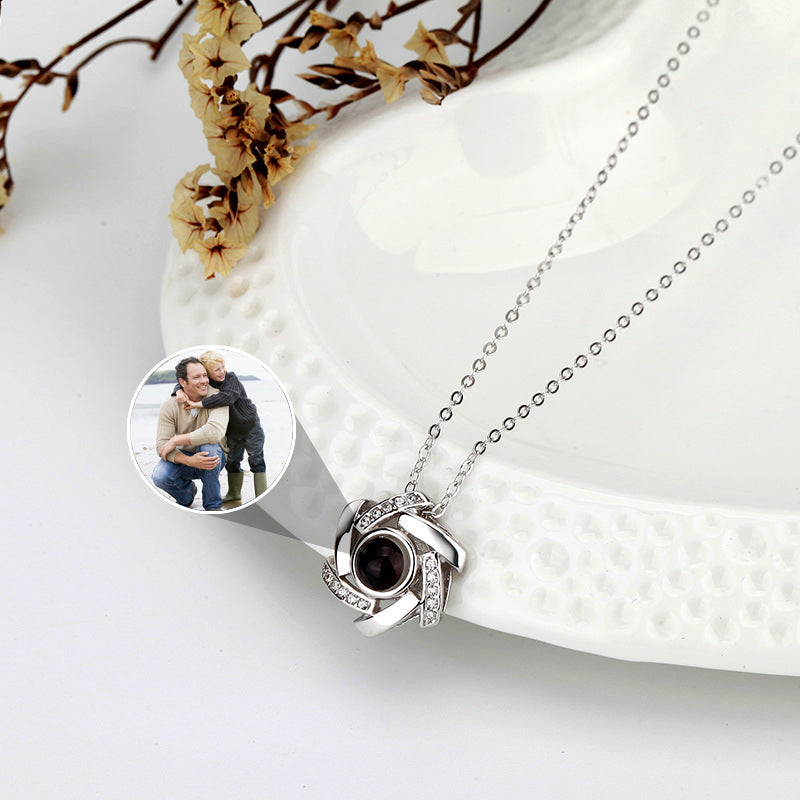 Personalized Photo Projection Necklace With Diamond Flower