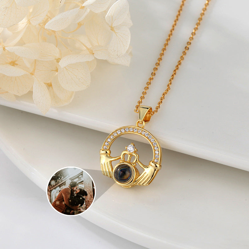 Custom Hand Heart Crown Photo Projection Necklace